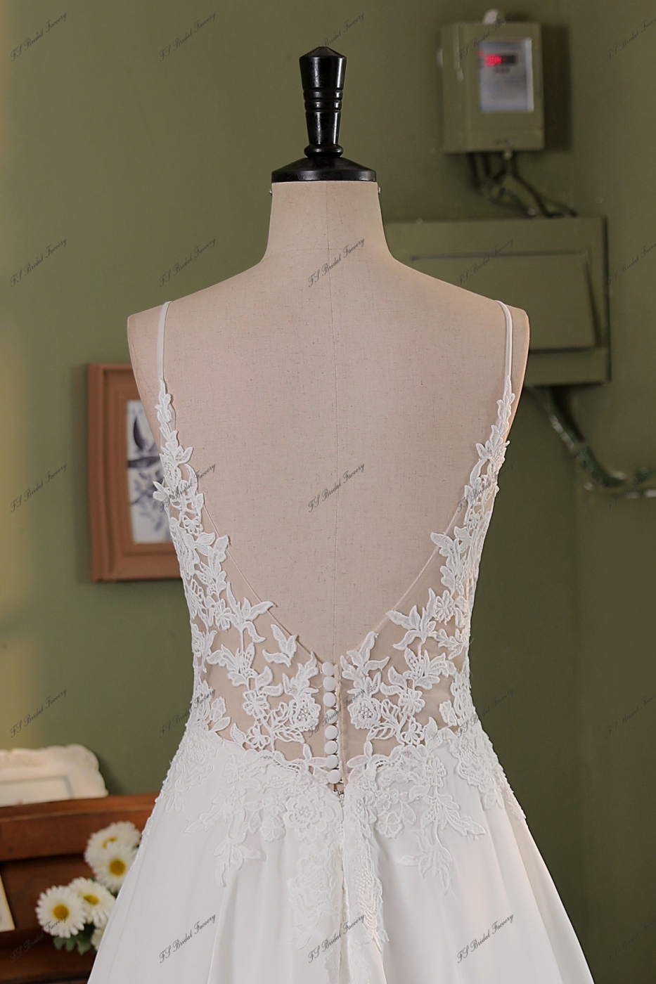 Spaghetti Straps Lace A Line Chiffon Wedding Dress