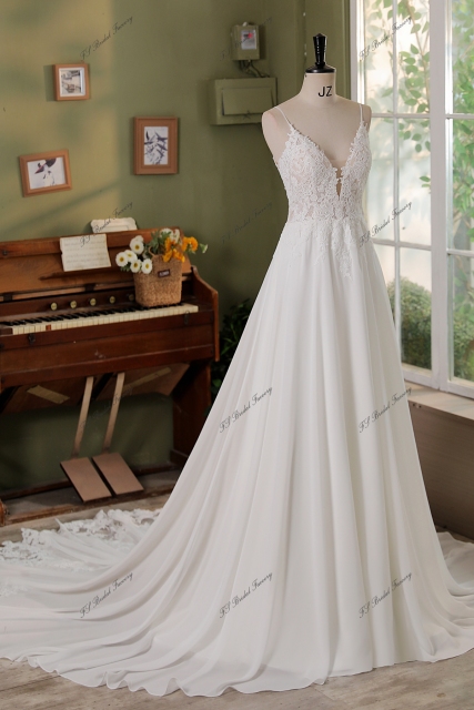 Spaghetti Straps Lace A Line Chiffon Wedding Dress