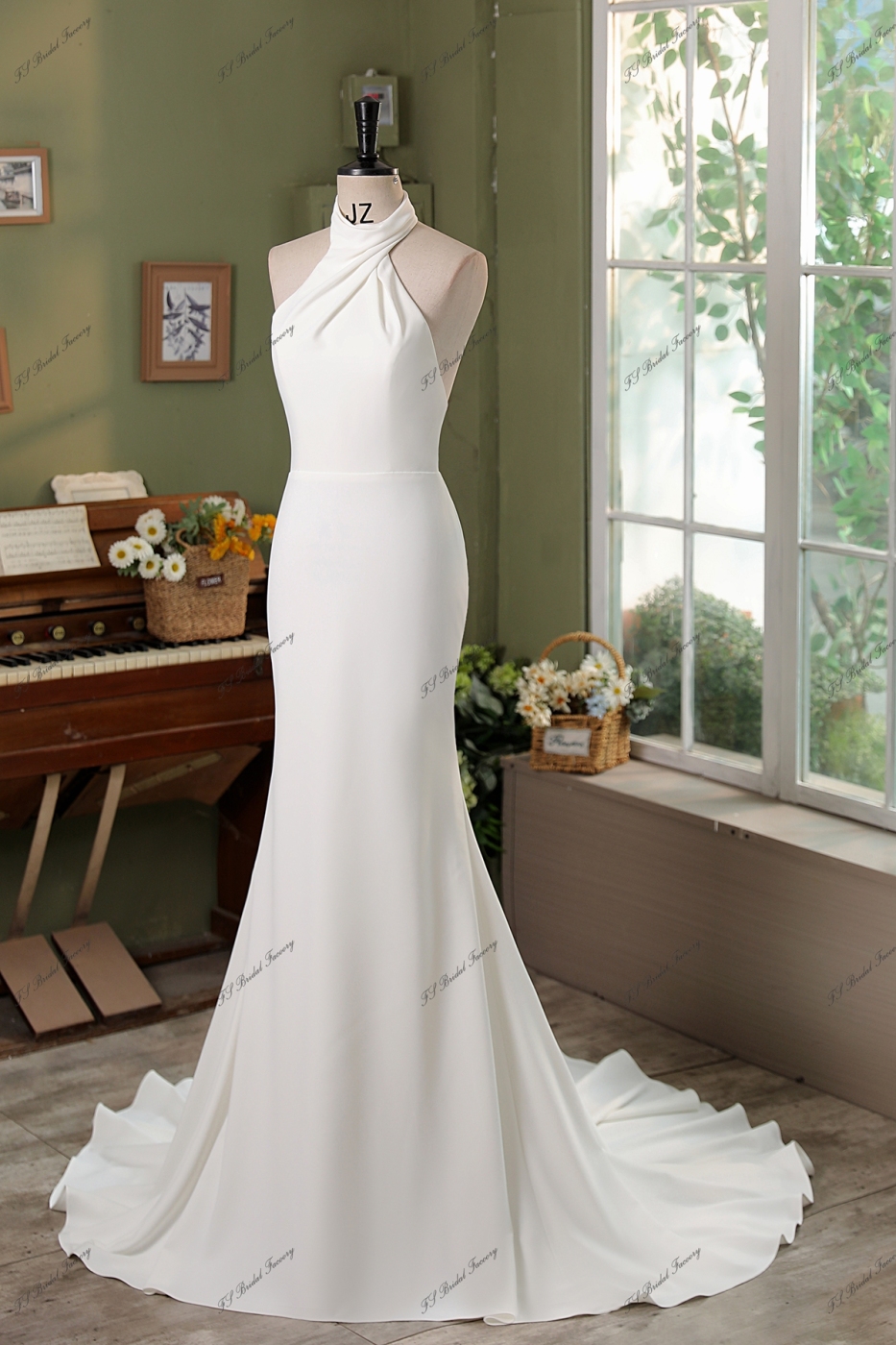 High Neck Crepe Mermaid Bridal Dress
