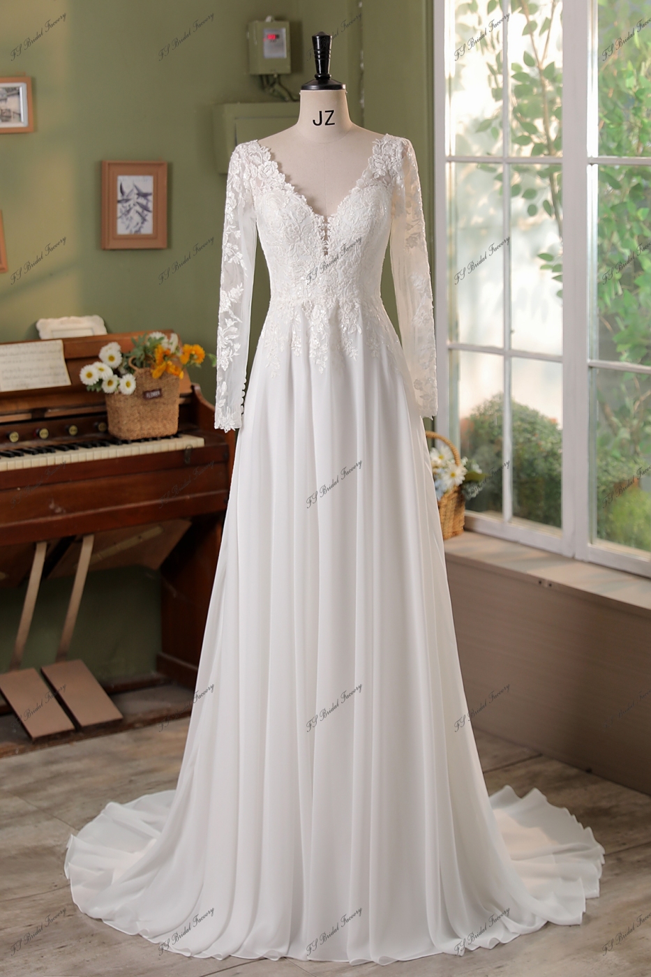 Long Sleeve Beading Lace A Line Chiffon  Wedding Dress