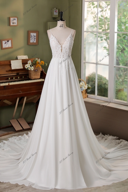 Spaghetti Straps Lace A Line Chiffon Wedding Dress