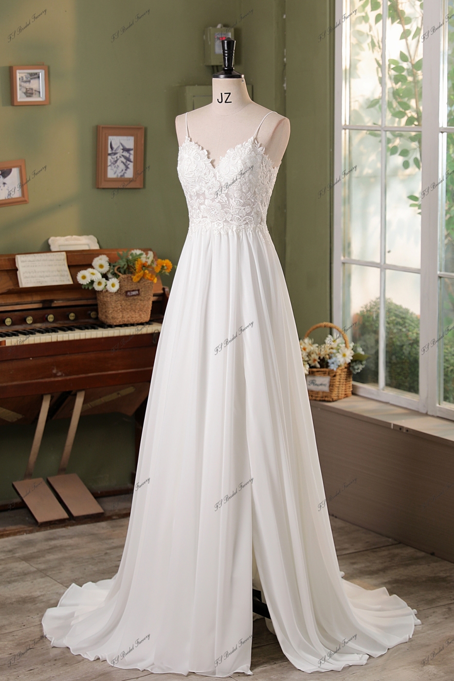 Spaghetti Straps Lace A Line Chiffon  Wedding Dress