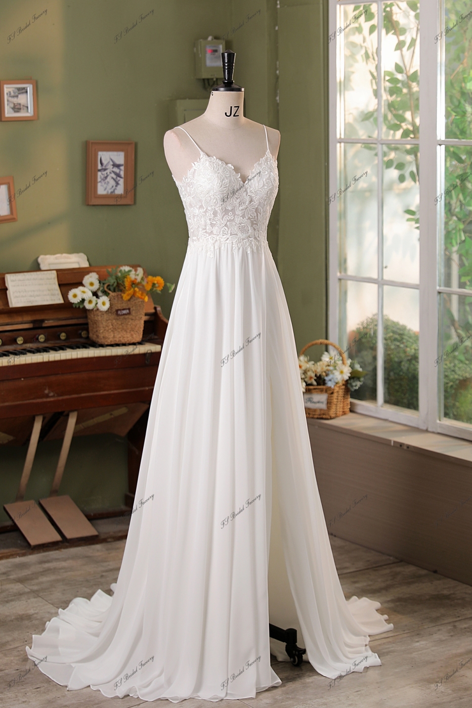 Spaghetti Straps Lace A Line Chiffon  Wedding Dress