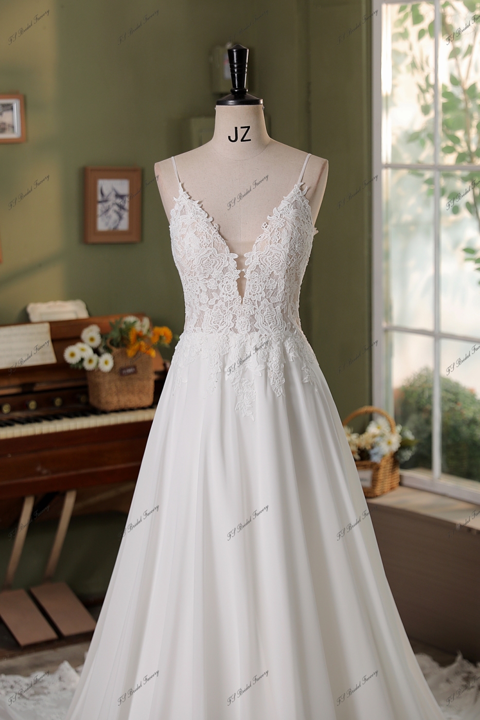 Spaghetti Straps Lace A Line Chiffon Wedding Dress