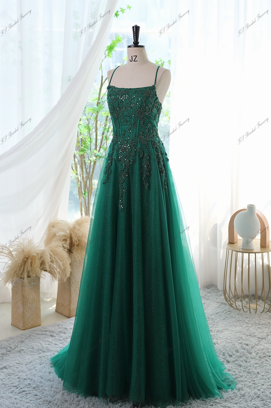 Glitter Tulle Prom Gown With Spaghetti Straps And High Split