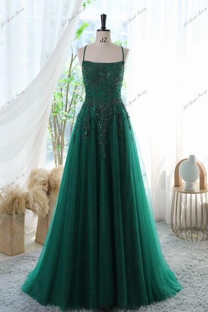 Glitter Tulle Prom Gown With Spaghetti Straps And High Split
