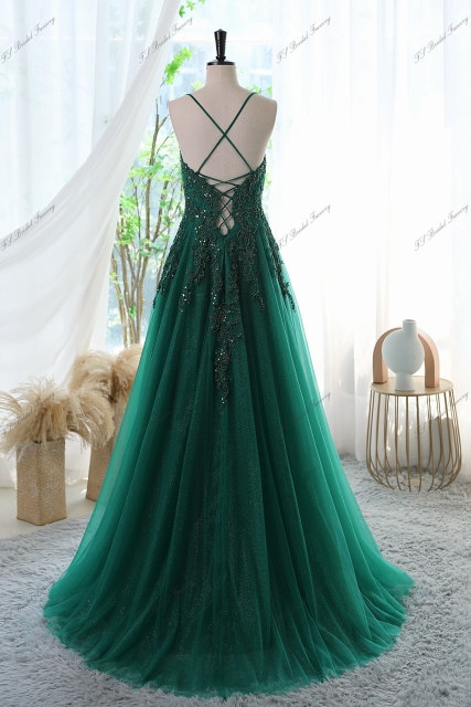Glitter Tulle Prom Gown With Spaghetti Straps And High Split