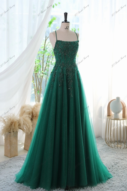 Glitter Tulle Prom Gown With Spaghetti Straps And High Split