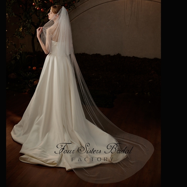 98 Inches Two Layers  Pearls Wedding Veil