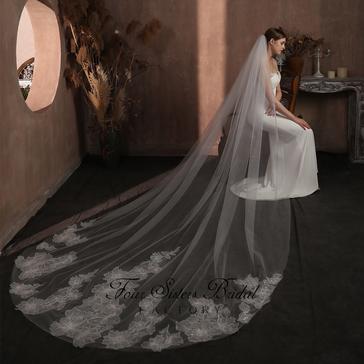 118 Inch Big Flowers Sequin Floral Lace Veil