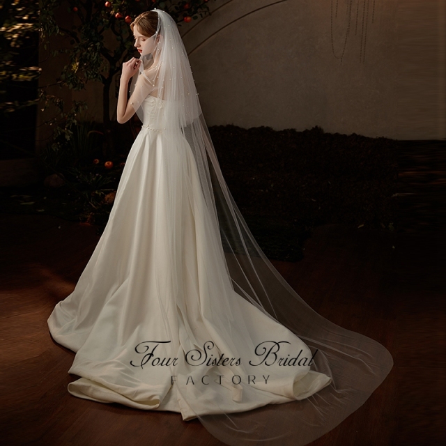 98 Inches Two Layers  Pearls Wedding Veil