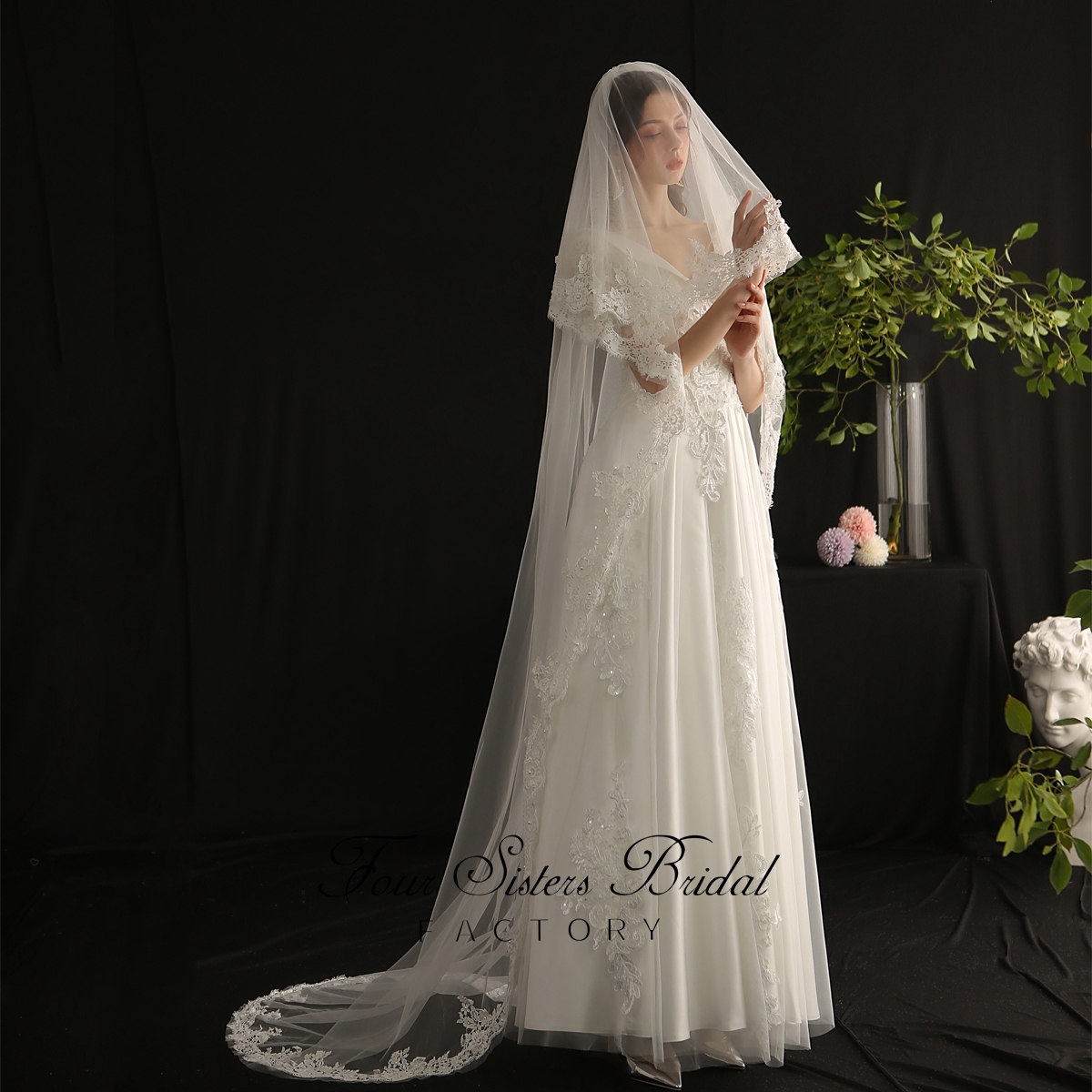 91 Inches Big Flowers Sequin Floral Lace Veil