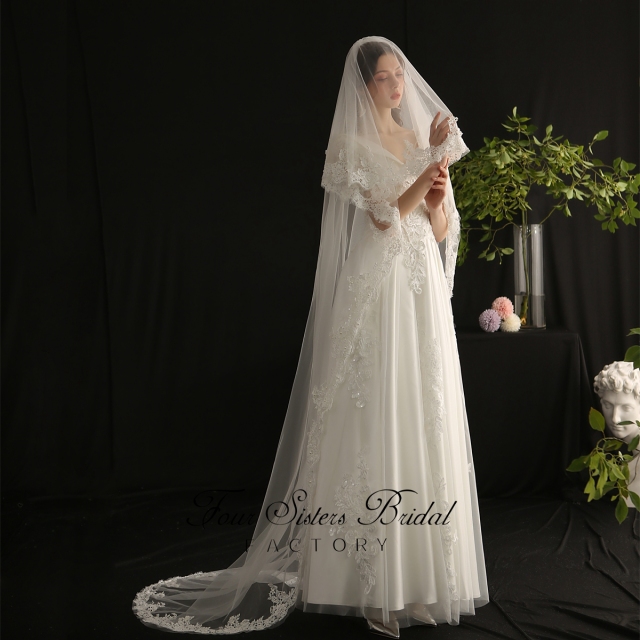 91 Inches Big Flowers Sequin Floral Lace Veil