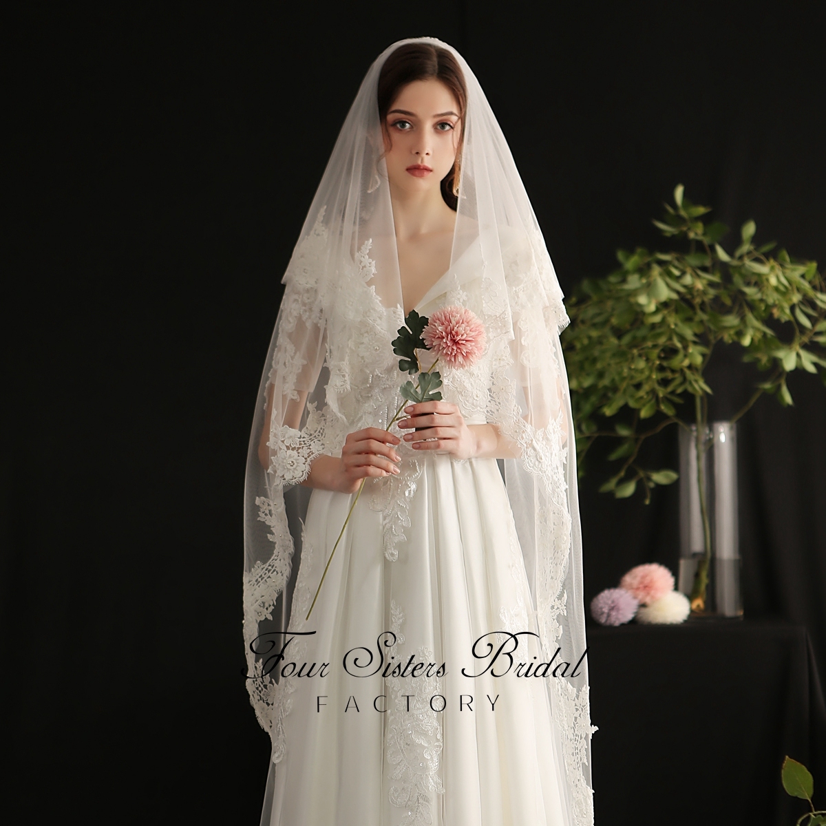 91 Inches Big Flowers Sequin Floral Lace Veil