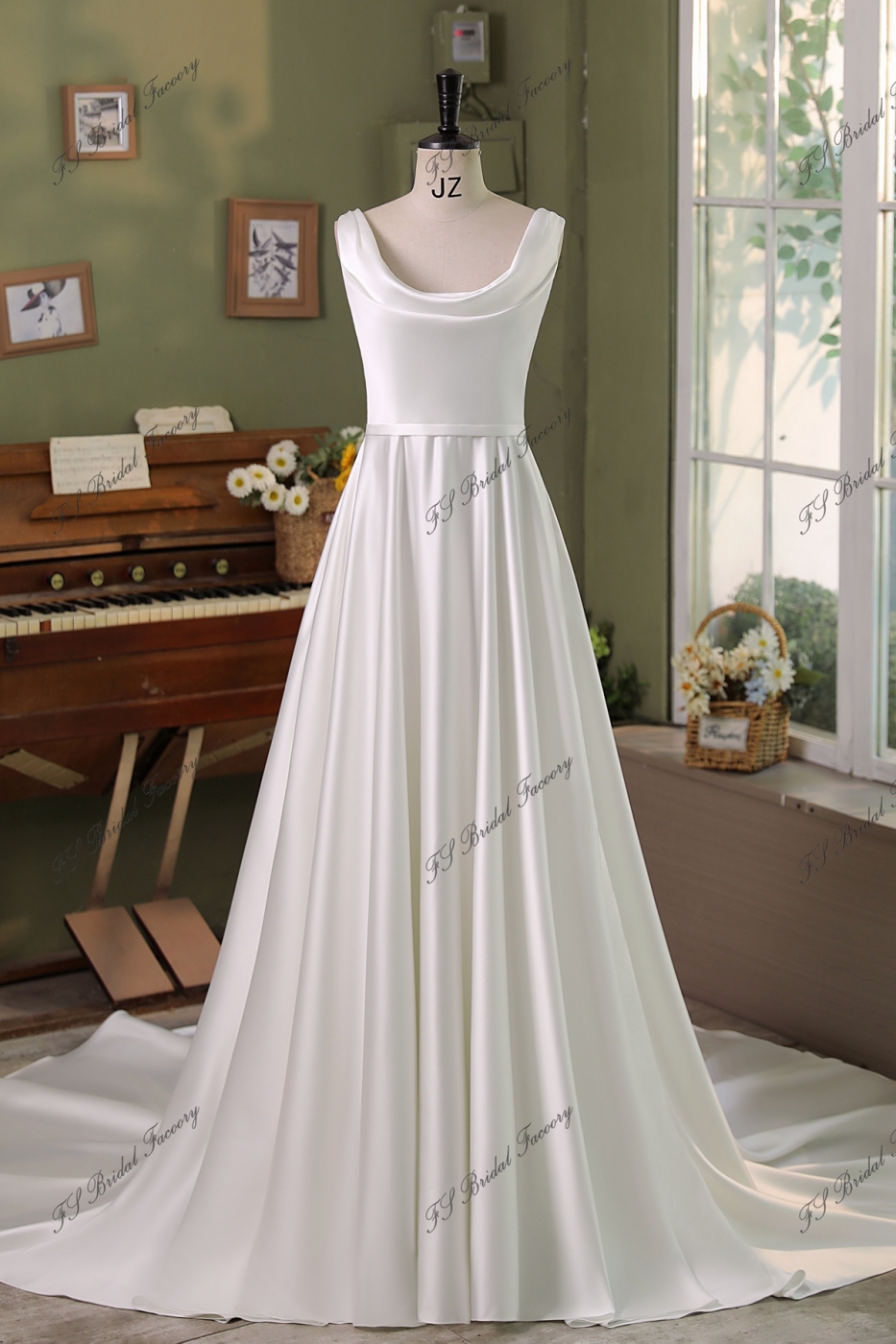 Soft Satin A Line Wedding Gowns With Ruffle Neckline