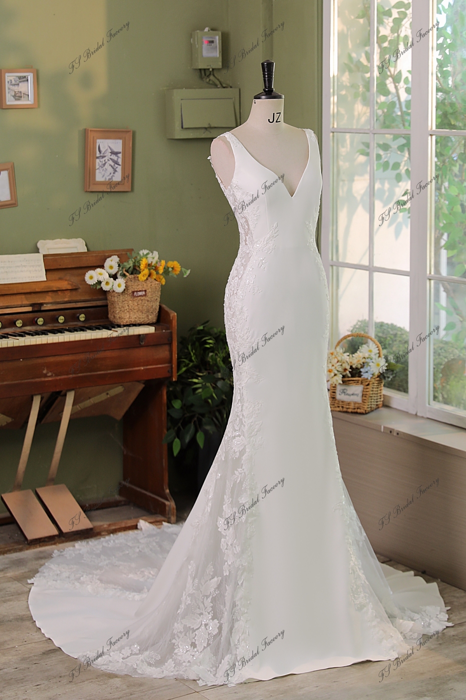 Lace High Neck Top Crepe Mermaid Wedding Dress