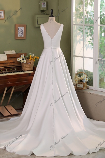 Soft Satin A Line Wedding Gowns With Ruffle Neckline