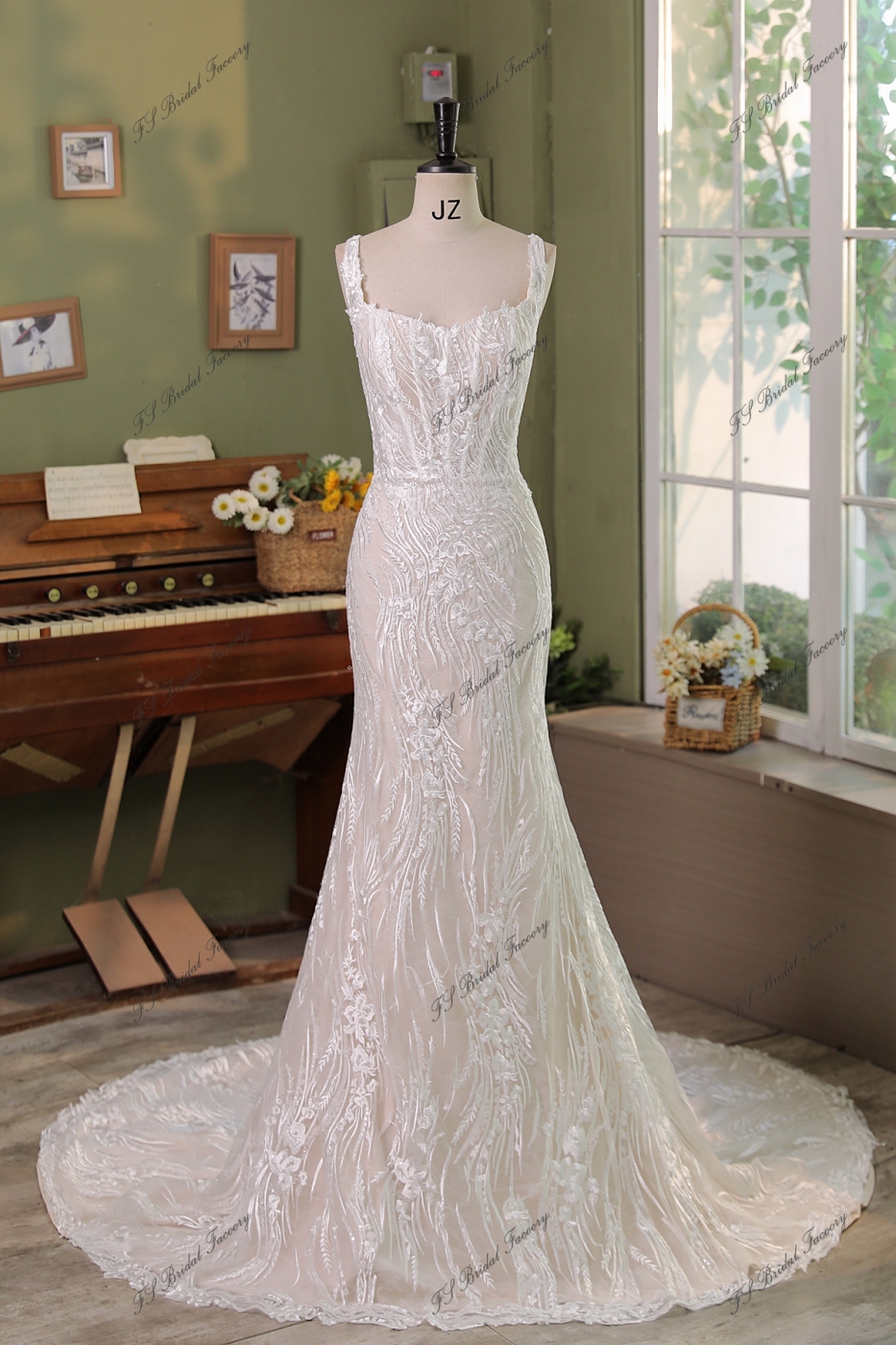 Long Bow Lace Mermaid Wedding Dress