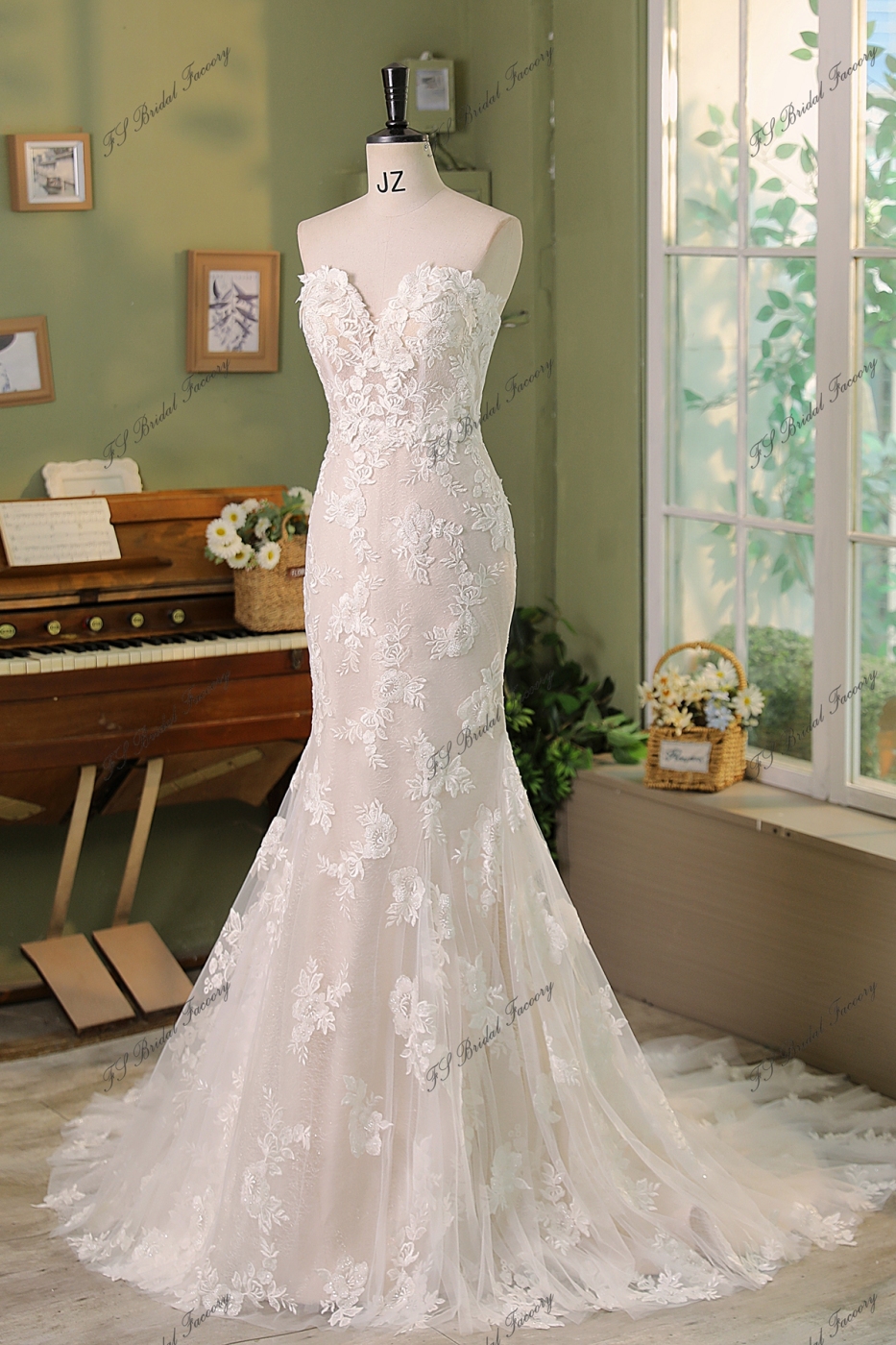 3D Flower Lace Applique With Shining Tulle  Mermaid Bridal Dress