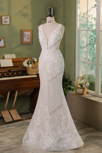 3D Flower Lace Applique With Diamond Tulle  Mermaid Bridal Dress