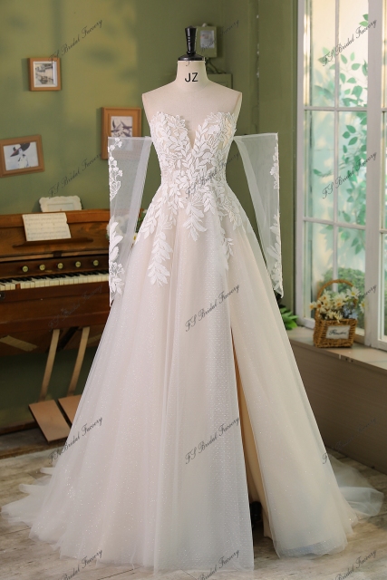 Detached Sleeve Romantic Lace With Shining Tulle  A Line Wedding Gowns