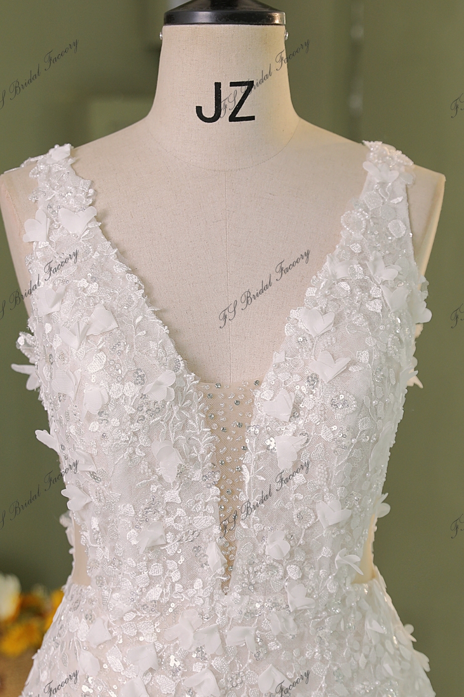 3D Flower Lace Applique With Diamond Tulle  Mermaid Bridal Dress