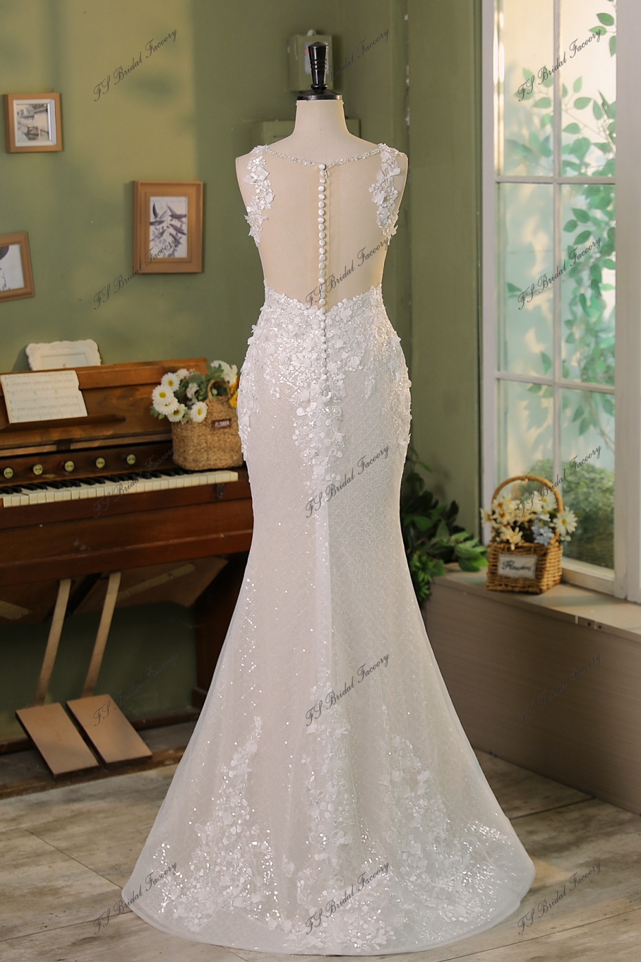 3D Flower Lace Applique With Diamond Tulle  Mermaid Bridal Dress