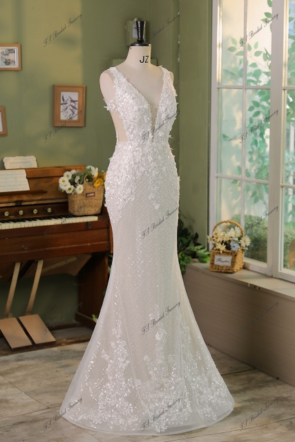 3D Flower Lace Applique With Diamond Tulle  Mermaid Bridal Dress