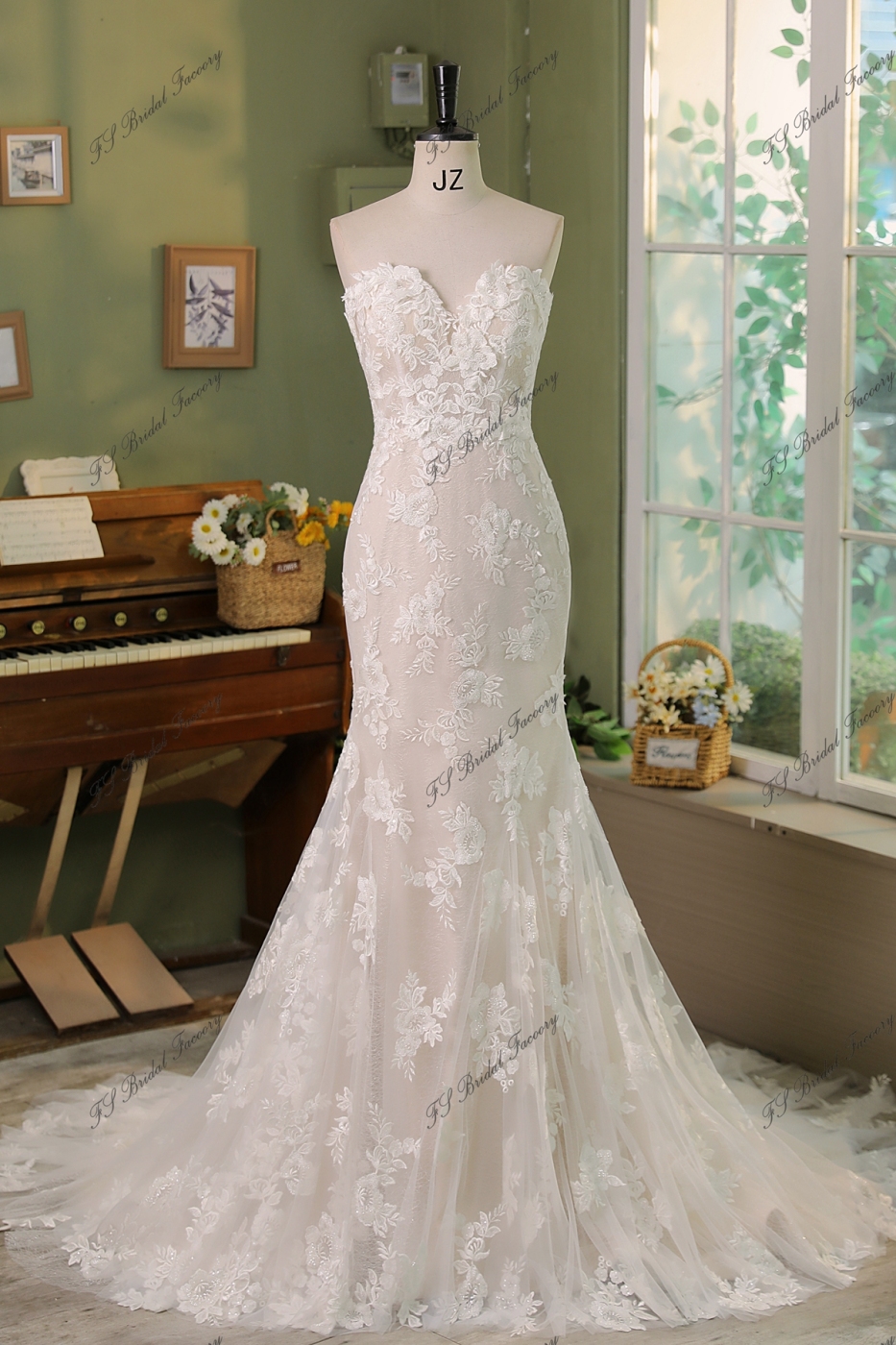 3D Flower Lace Applique With Shining Tulle  Mermaid Bridal Dress