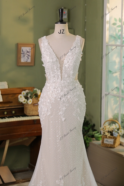 3D Flower Lace Applique With Diamond Tulle  Mermaid Bridal Dress