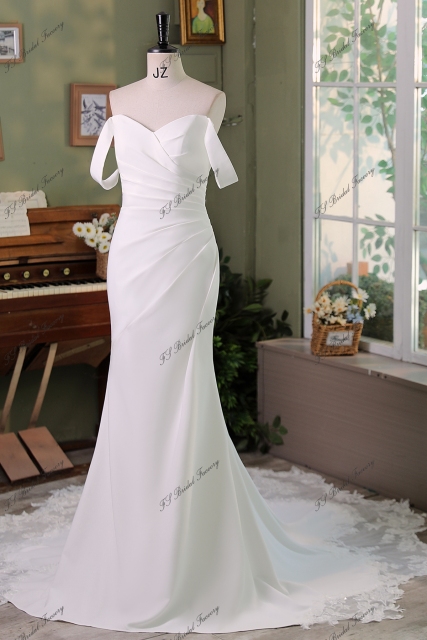 Off Shoulder Pleat Crepe Mermaid Bridal Dress With  Beading Lace Train