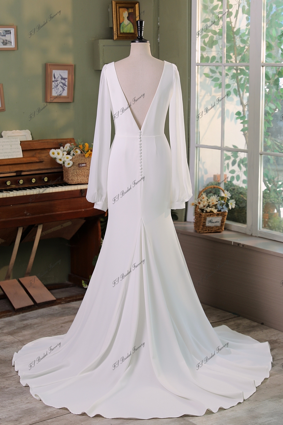 Long Sleeve Simple Crepe Mermaid Bridal Dress