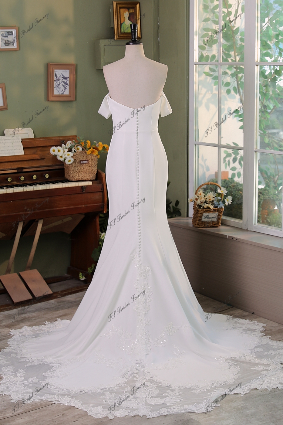 Off Shoulder Pleat Crepe Mermaid Bridal Dress With  Beading Lace Train