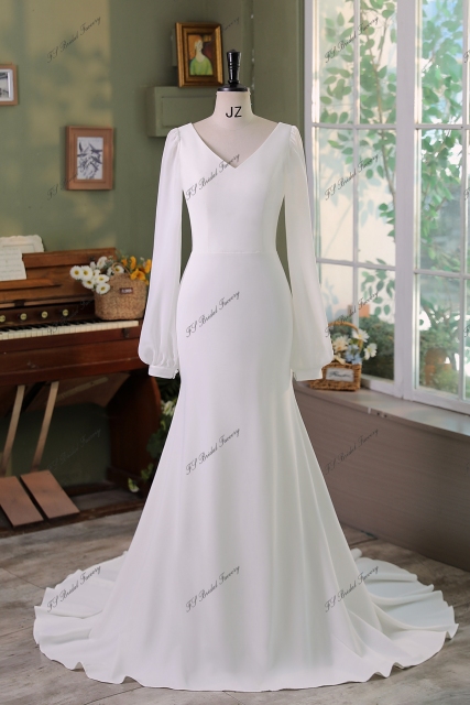 Long Sleeve Simple Crepe Mermaid Bridal Dress