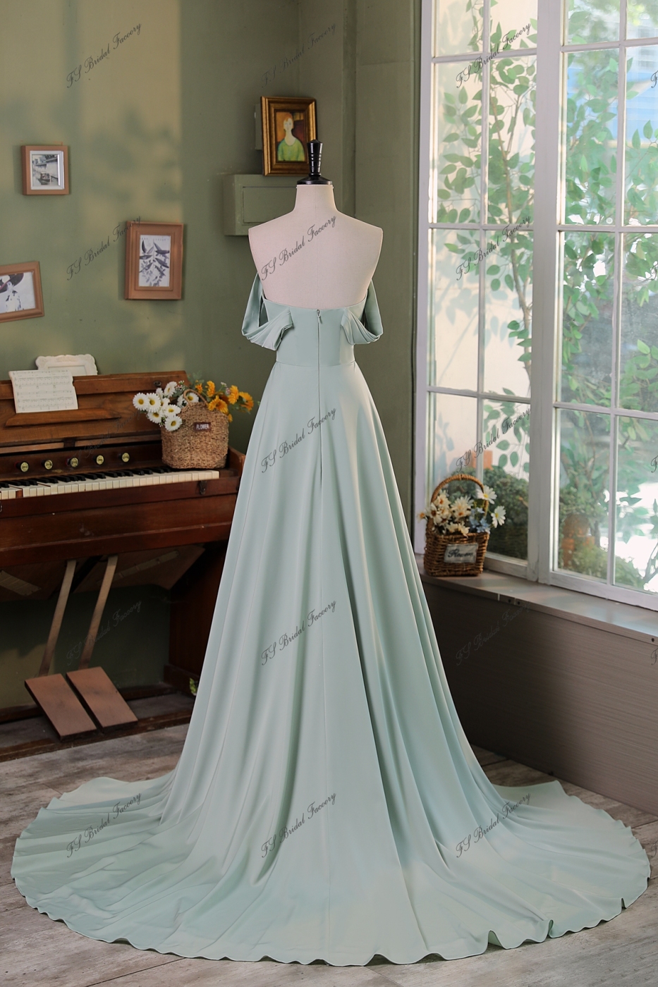 Off Shoulder  A line Satin Bridesmaids Dress With Slit