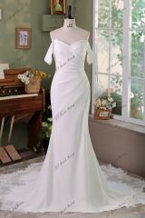 Off Shoulder Pleat Crepe Mermaid Bridal Dress With  Beading Lace Train