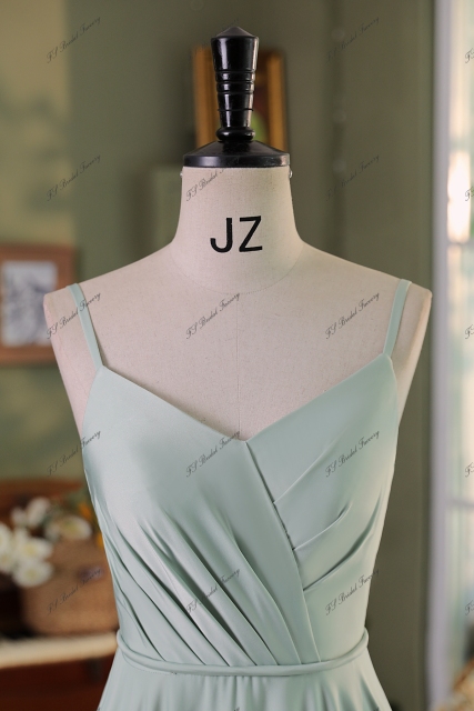 Spaghetti Straps  A line Pleat Satin Bridesmaids Dress With Slit