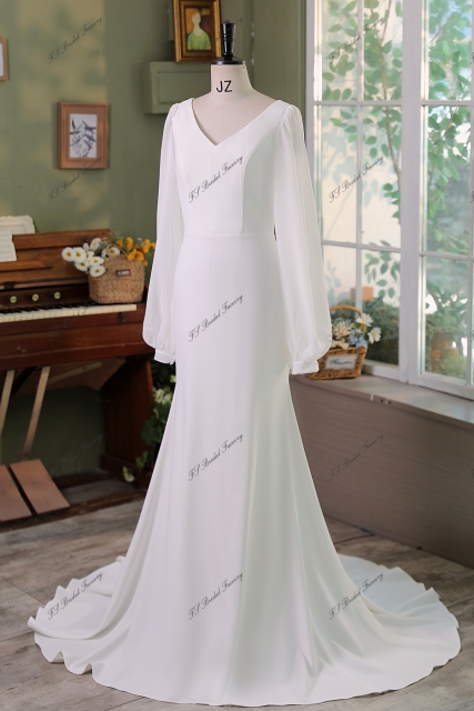 Long Sleeve Simple Crepe Mermaid Bridal Dress