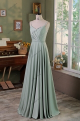 Spaghetti Straps  A line Pleat Satin Bridesmaids Dress With Slit