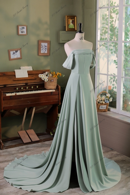 Off Shoulder  A line Satin Bridesmaids Dress With Slit