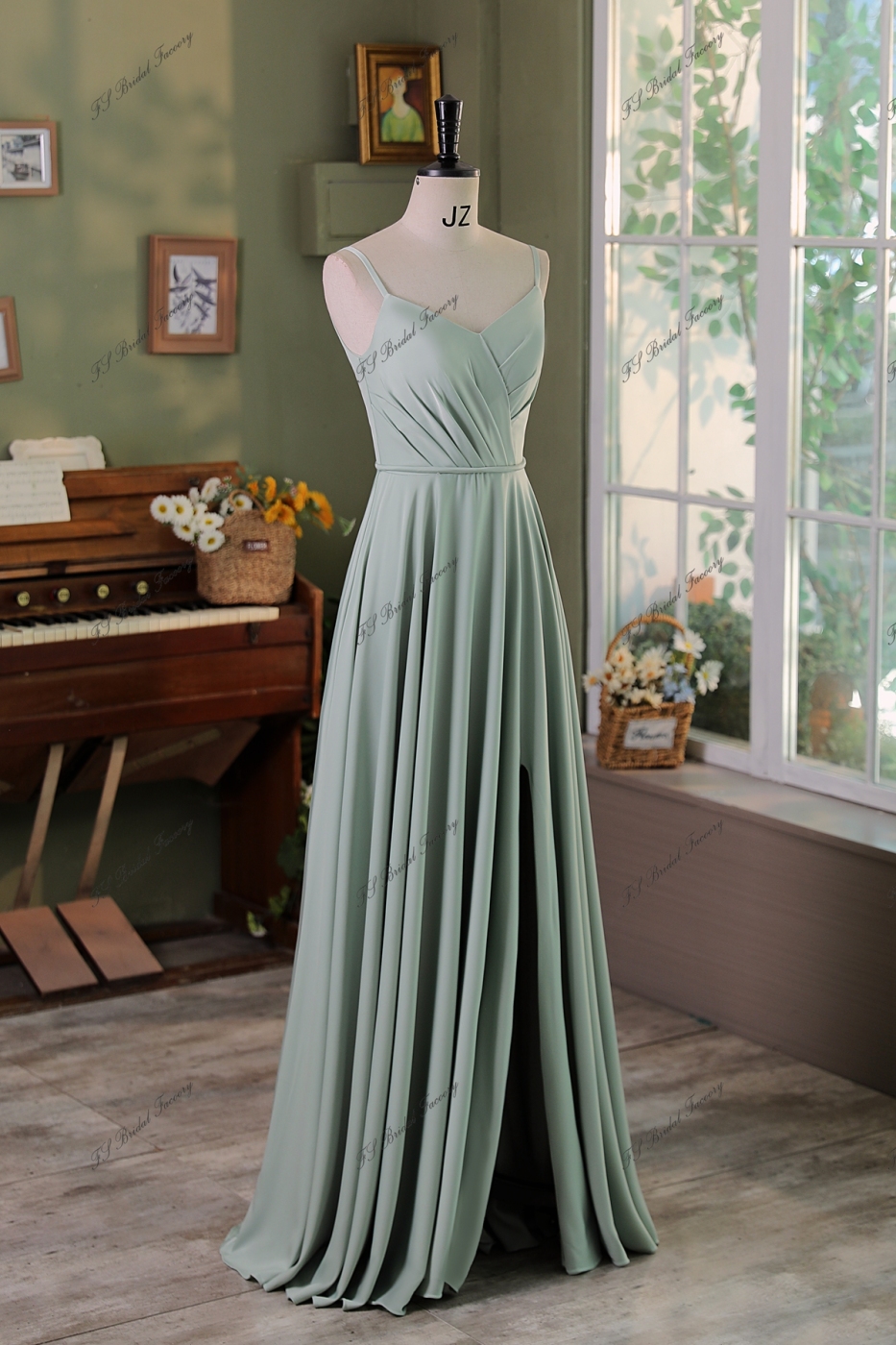 Spaghetti Straps  A line Pleat Satin Bridesmaids Dress With Slit