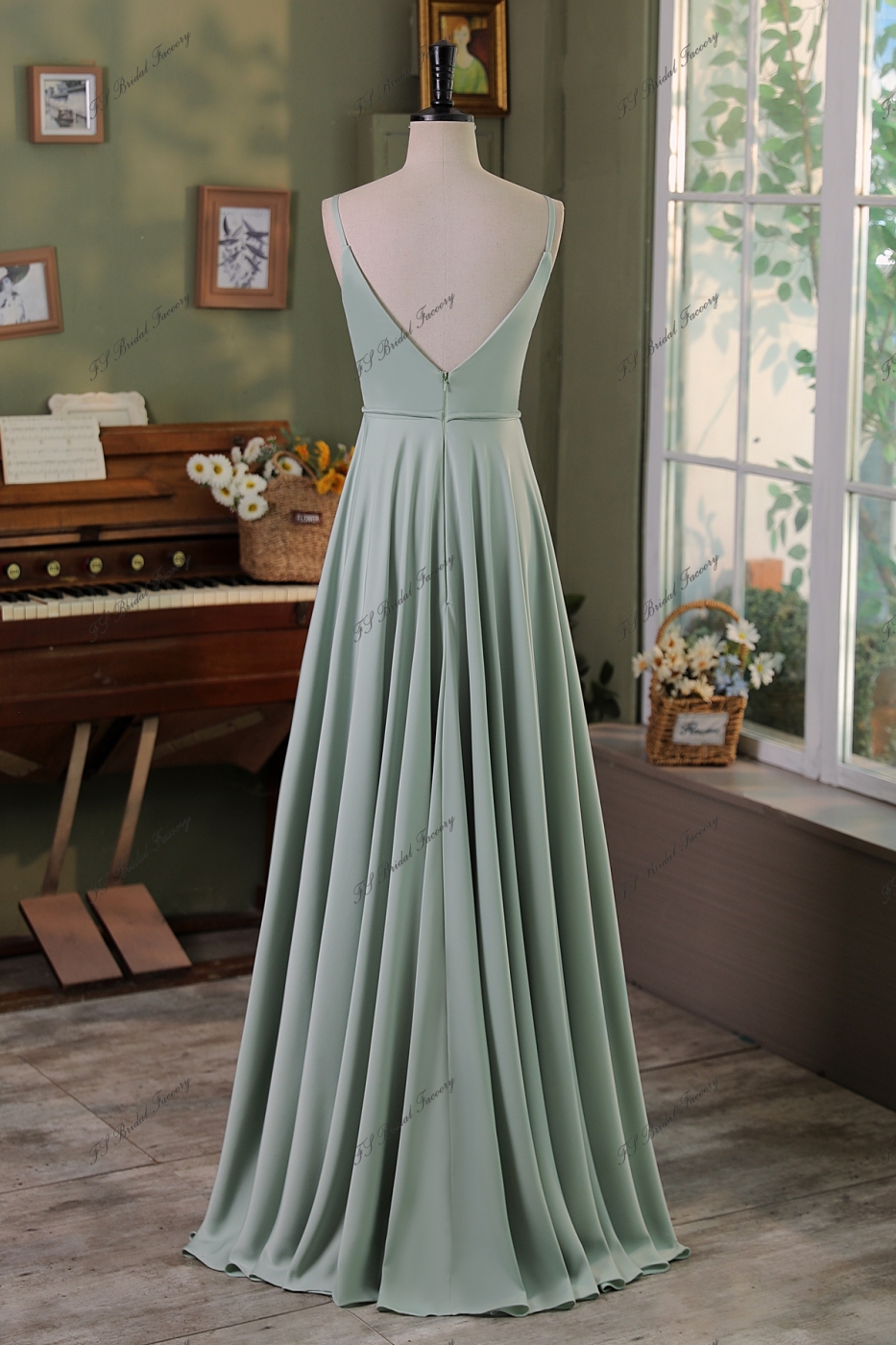 Spaghetti Straps  A line Pleat Satin Bridesmaids Dress With Slit