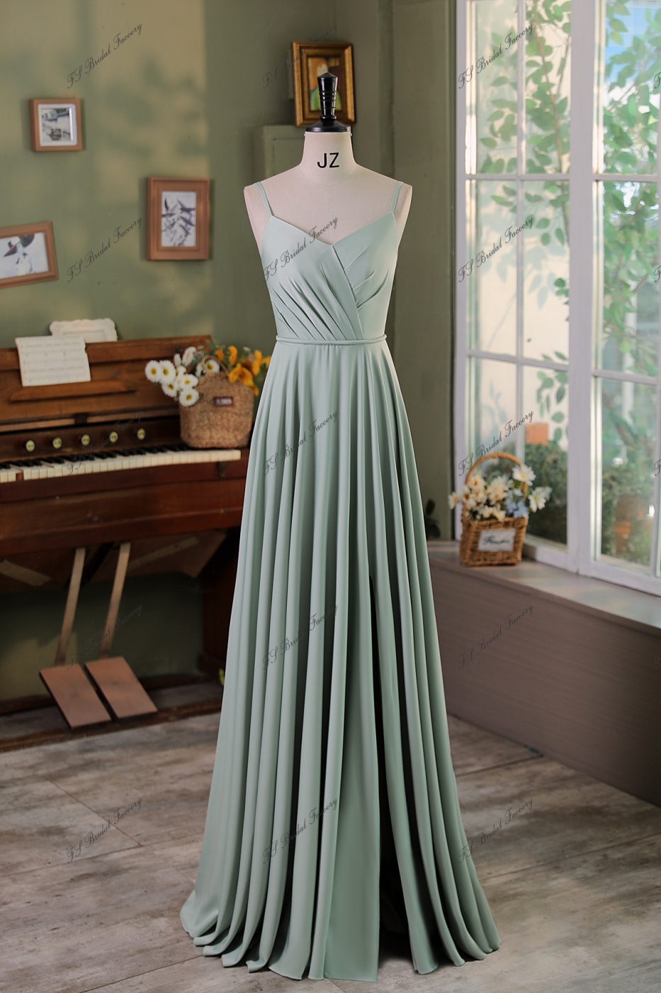 Spaghetti Straps  A line Pleat Satin Bridesmaids Dress With Slit