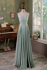 Spaghetti Straps  A line Pleat Satin Bridesmaids Dress With Slit