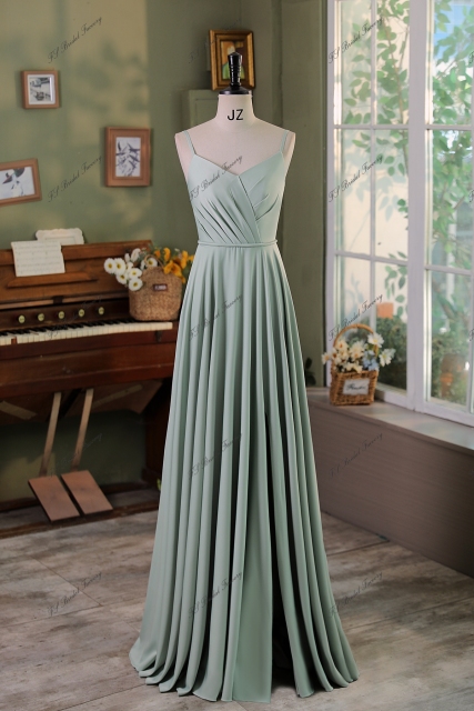 Spaghetti Straps  A line Pleat Satin Bridesmaids Dress With Slit
