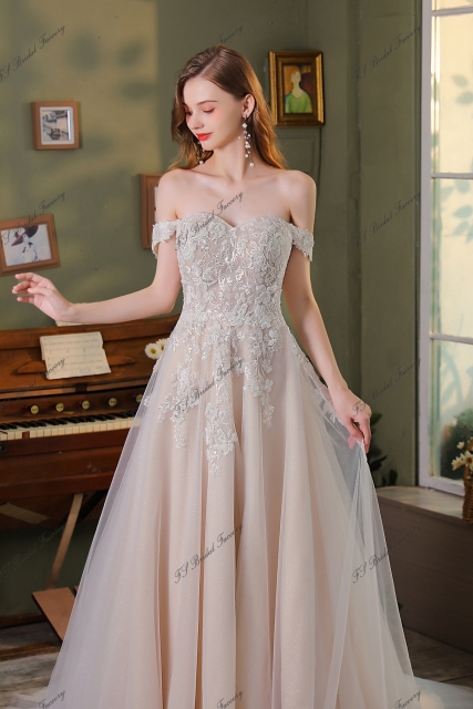 A-Line Off-Shoulder Beaded Embroidery Gown Steel Grey