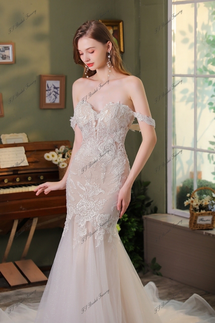 Detached Off Shoulder Straps Glitter Mermaid Wedding Dress