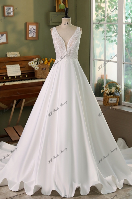 V Neck Soft Satin Lace Wedding Dress