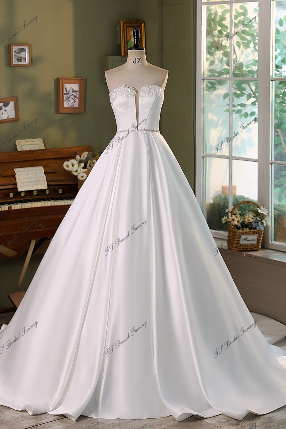 Soft Satin Ball Gowns Wedding Dress With 3D Beading Flowers