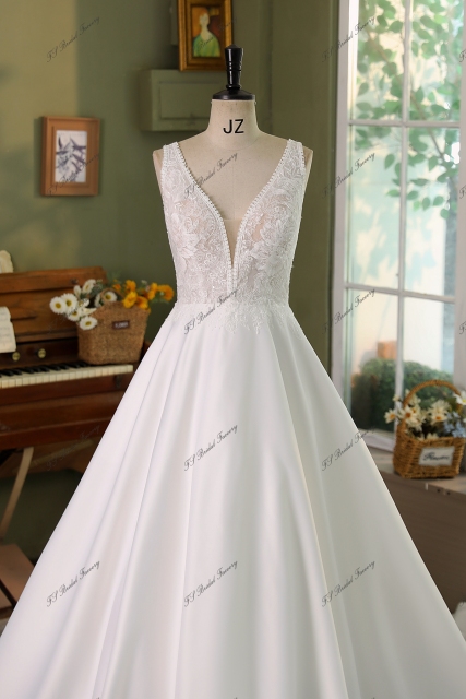 V Neck Soft Satin Lace Wedding Dress